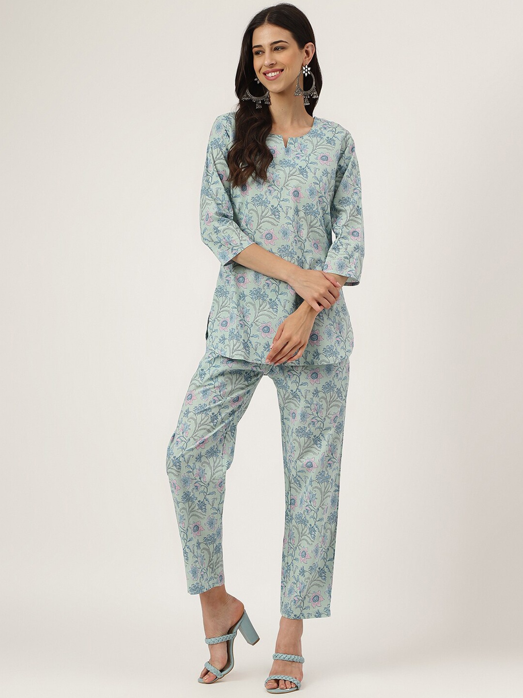 

KALINI Floral Printed Pure Cotton Tunic With Trouser, Blue