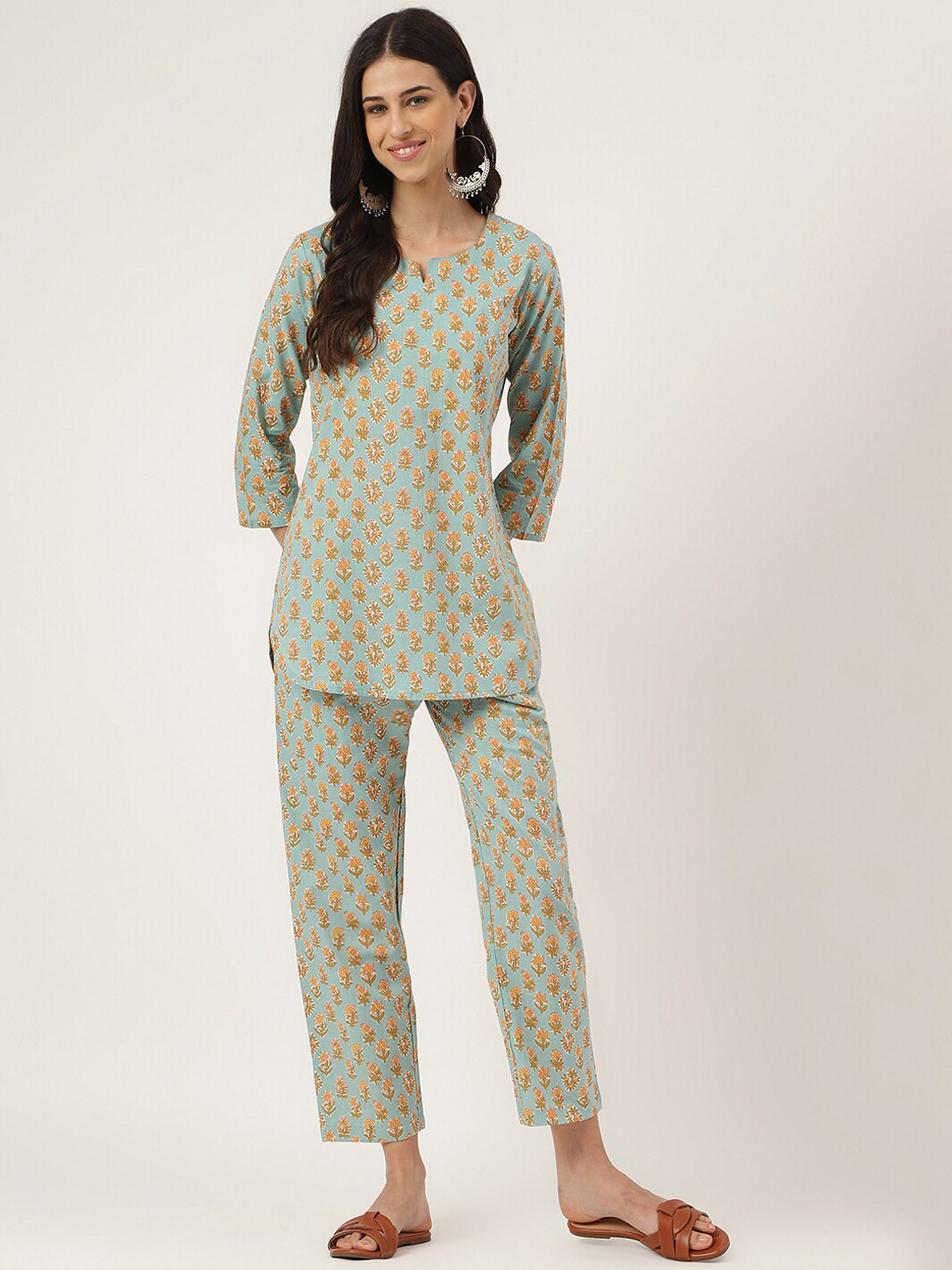 

KALINI Ethnic Motifs Printed Pure Cotton Kurti With Lounge Pant, Green