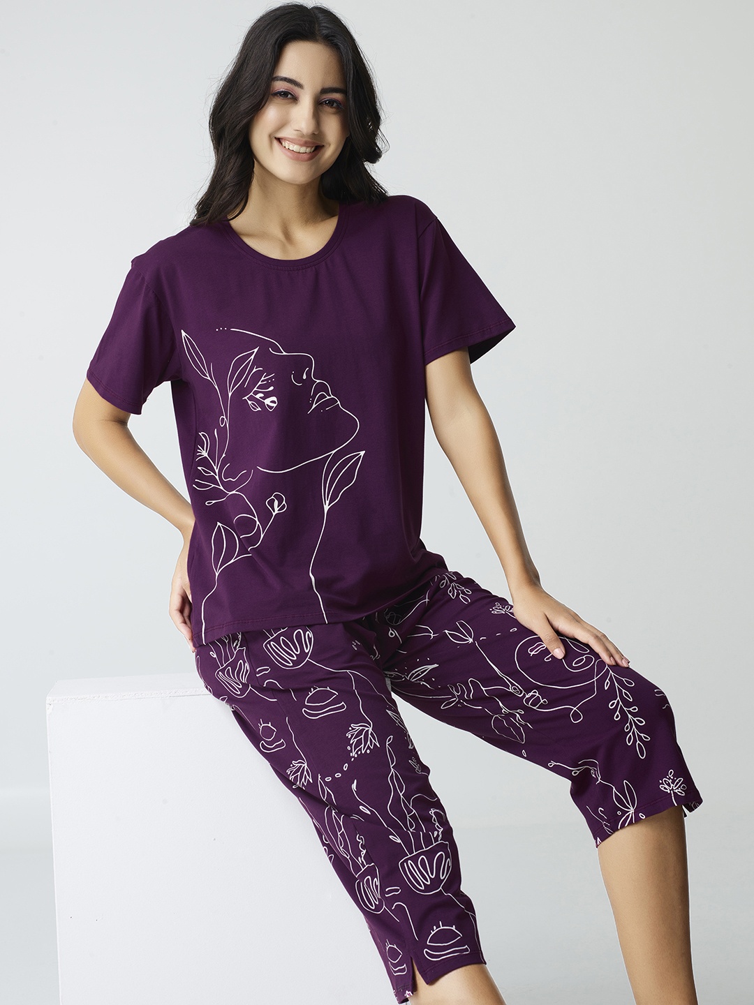 

I like me Purple Abstract Printed Pure Cotton Night suit