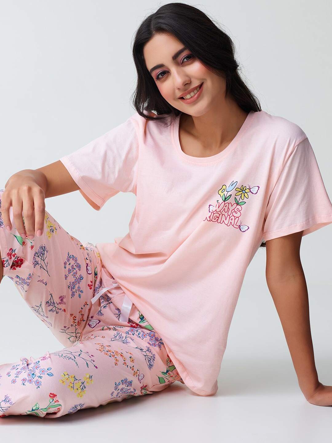 

I like me Peach Coloured Typography Printed Pure Cotton Night suit