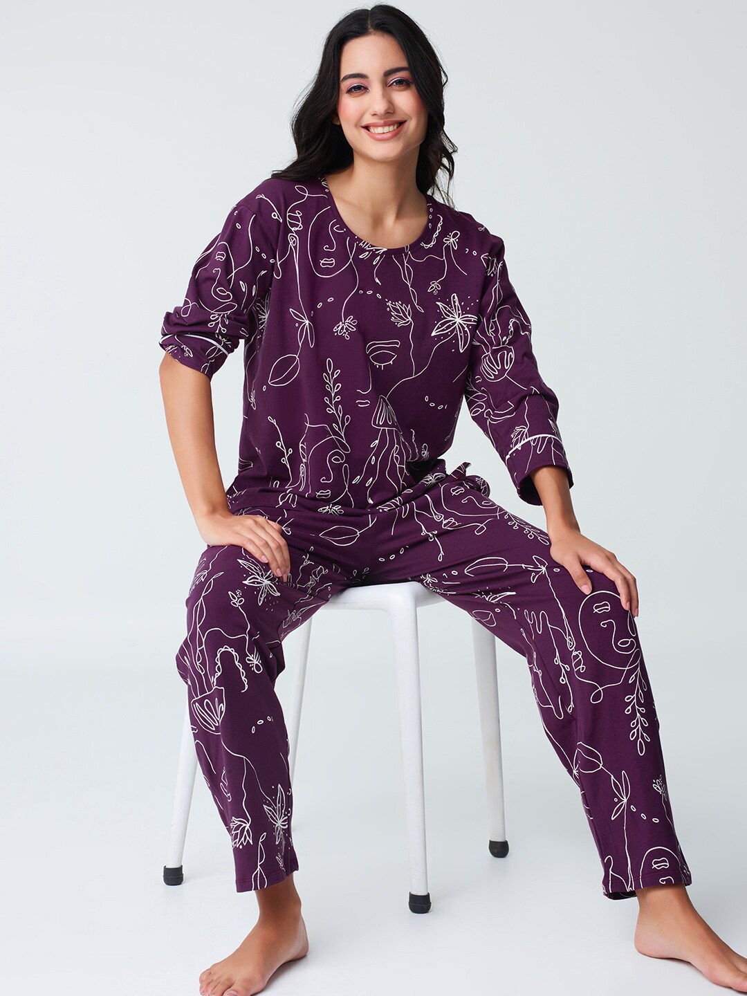 

I like me Floral Printed Pure Cotton Night suit, Purple