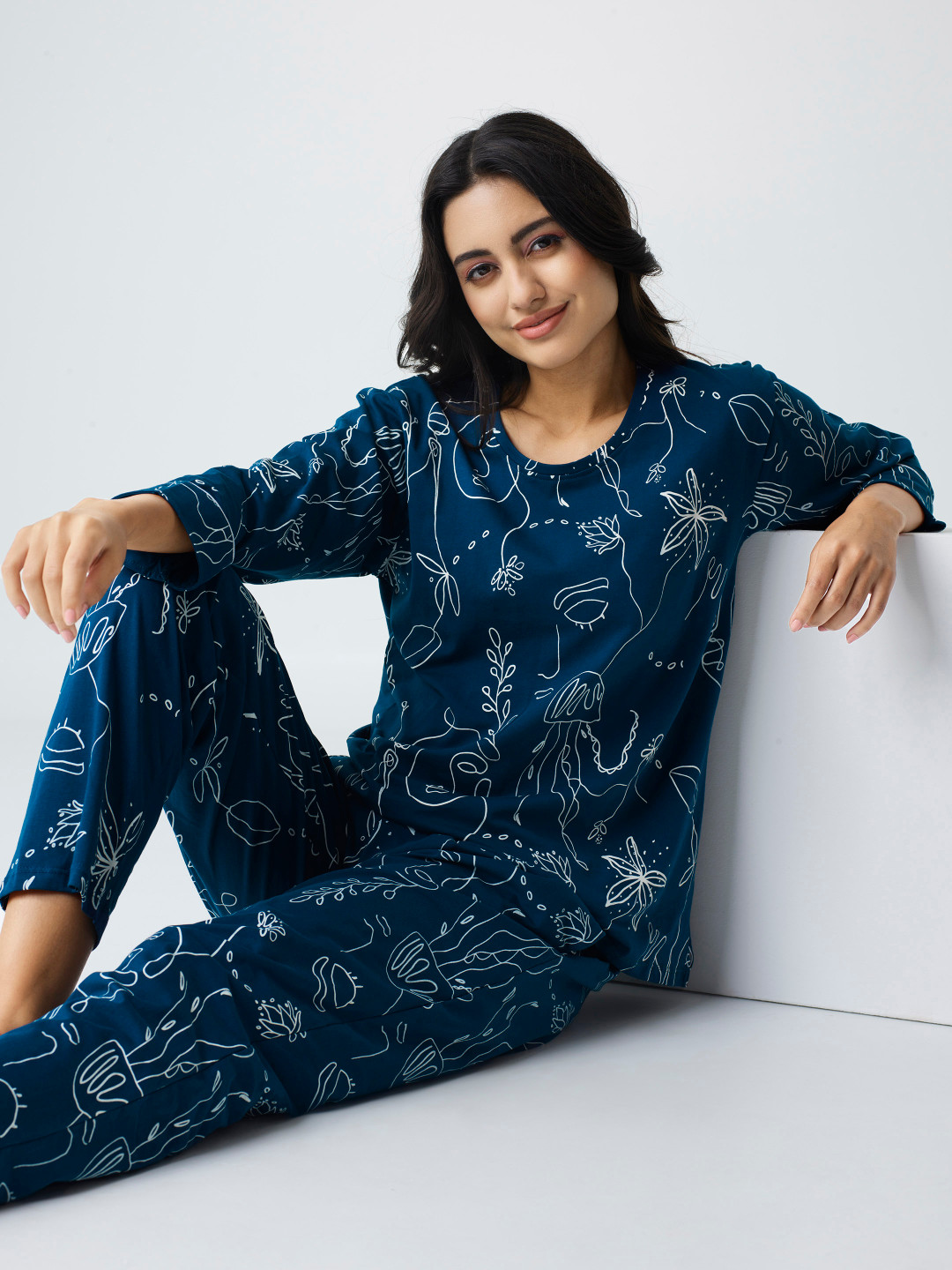 

I like me Blue Floral Printed Pure Cotton Night suit