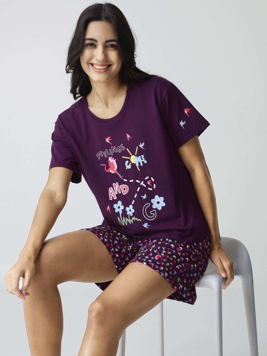 

I like me Purple Graphic Printed Pure Cotton Night suit