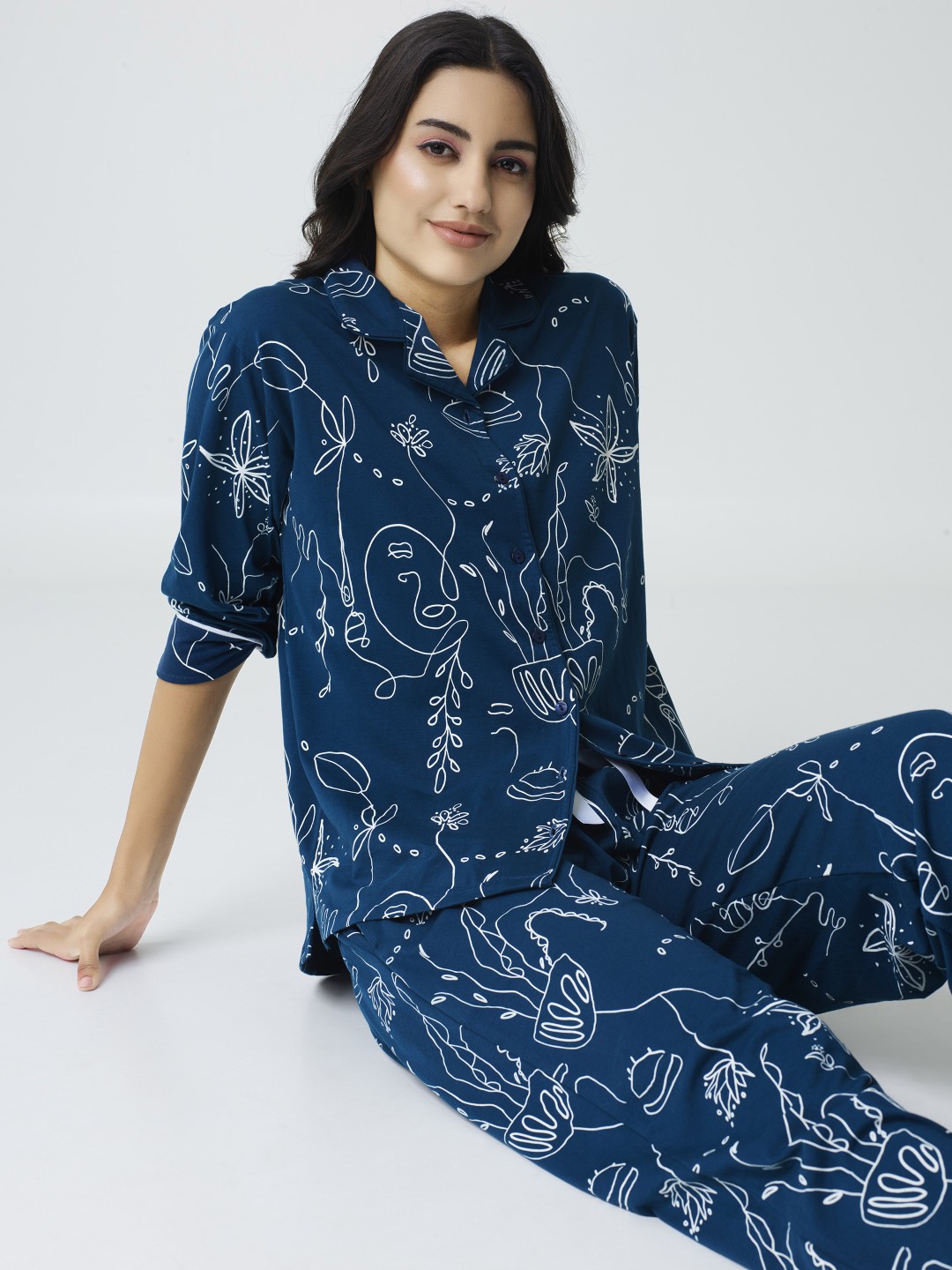 

I like me Floral Printed Pure Cotton Night suit, Blue