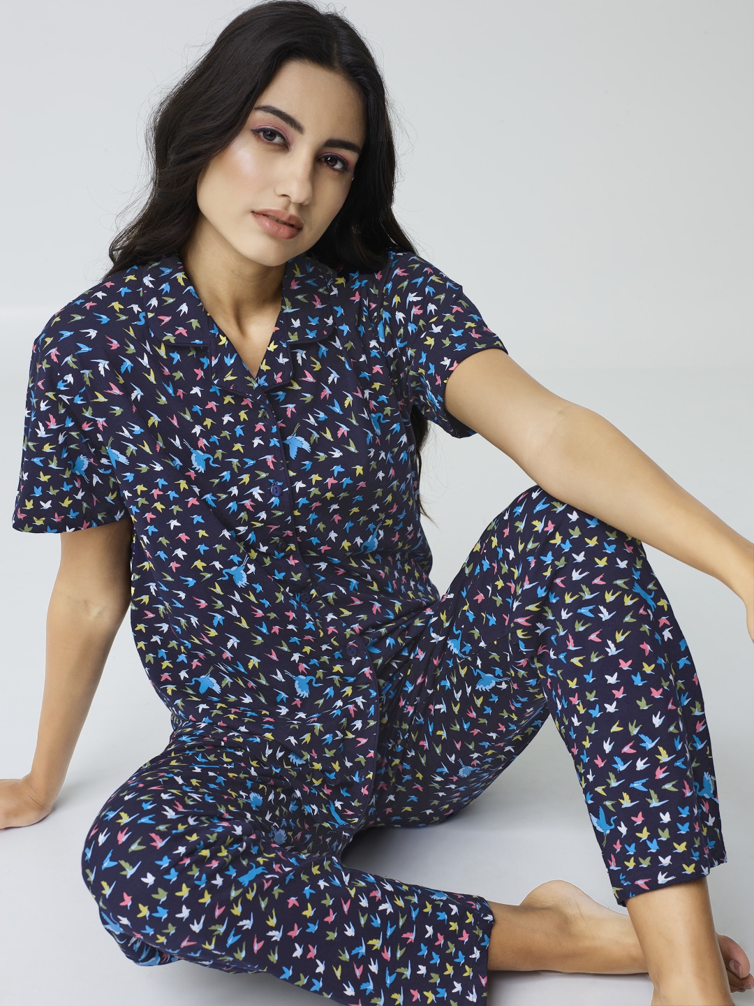 

I like me Women Navy Blue Conversational Printed Pure Cotton Night suit