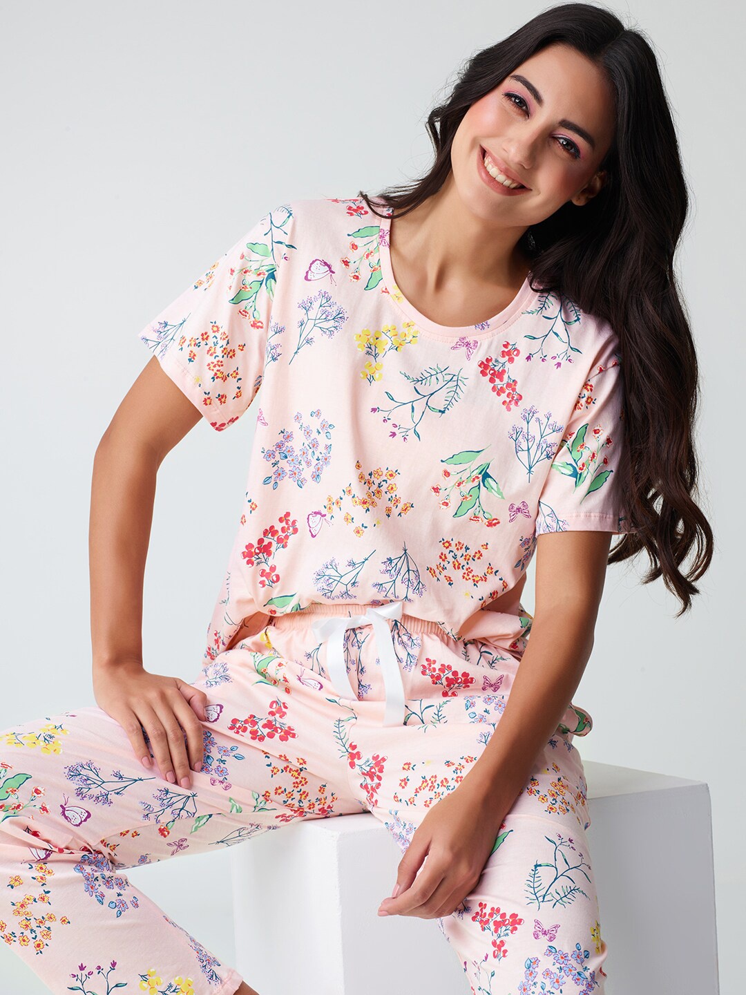 

I like me Peach Coloured Floral Printed Pure Cotton Night suit
