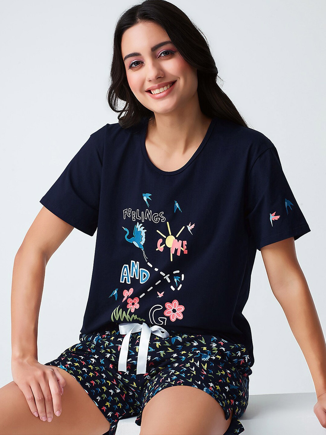 

I like me Navy Blue Graphic Printed Pure Cotton Night suit