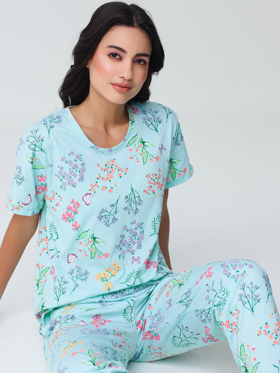 

I like me Floral Printed Cotton Night suit, Blue