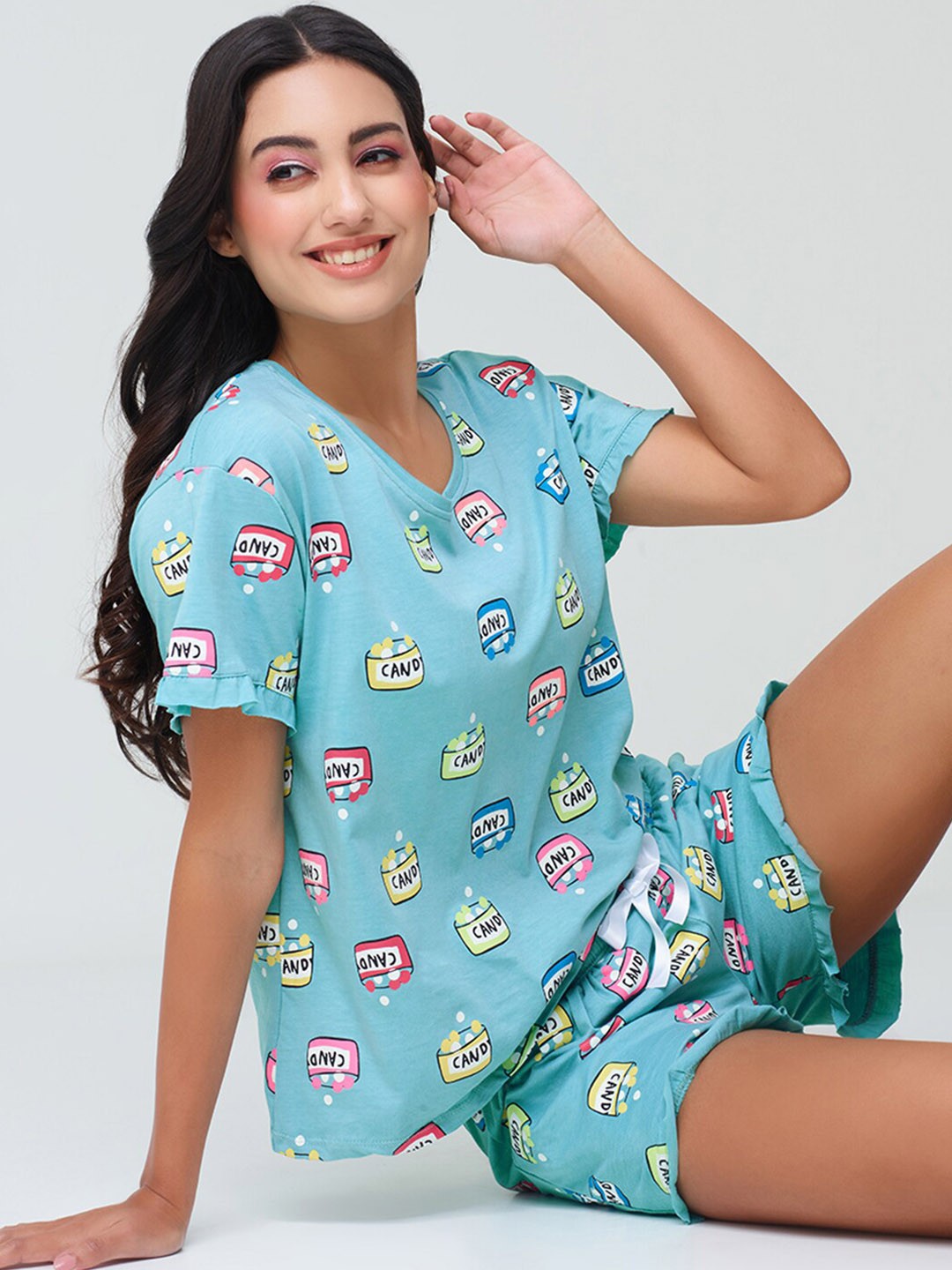 

I like me Blue Conversational Printed Pure Cotton Night suit