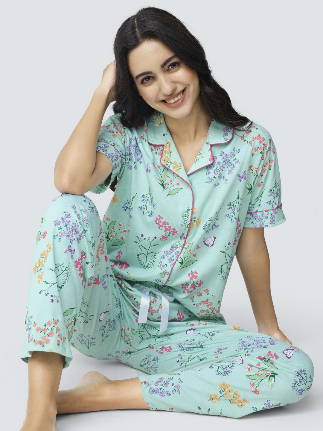 

I like me Floral Printed Pure Cotton Night suit, Blue