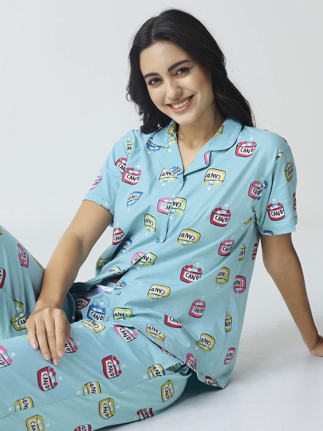 

I like me Typography Printed Pure Cotton Night suit, Blue