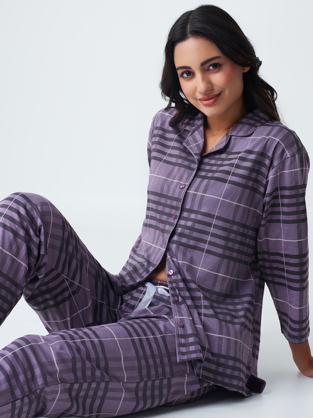 

I like me Purple Checked Pure Cotton Night suit