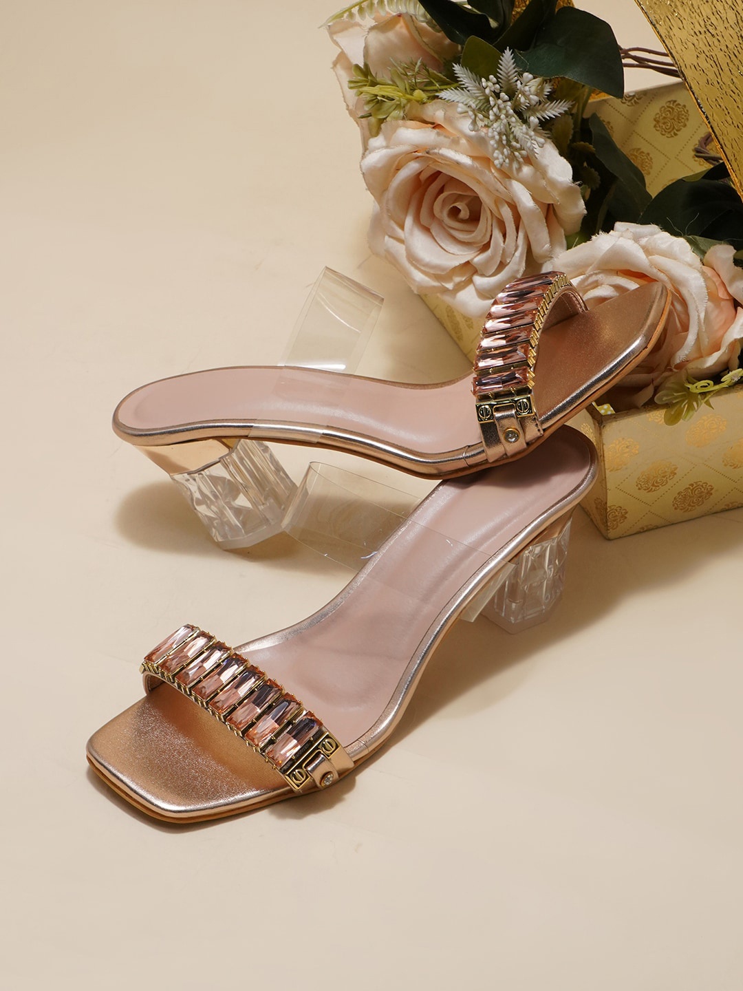 

Try Me Textured Open Toe Block Heels, Rose gold