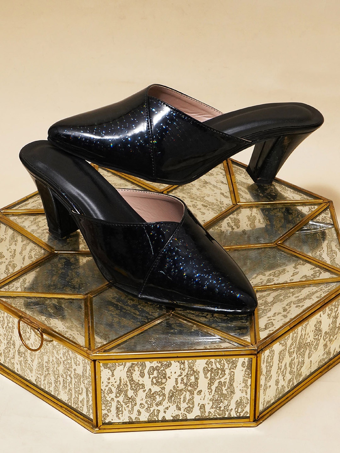 

Try Me Pointed Toe Shimmered Block Mules, Black