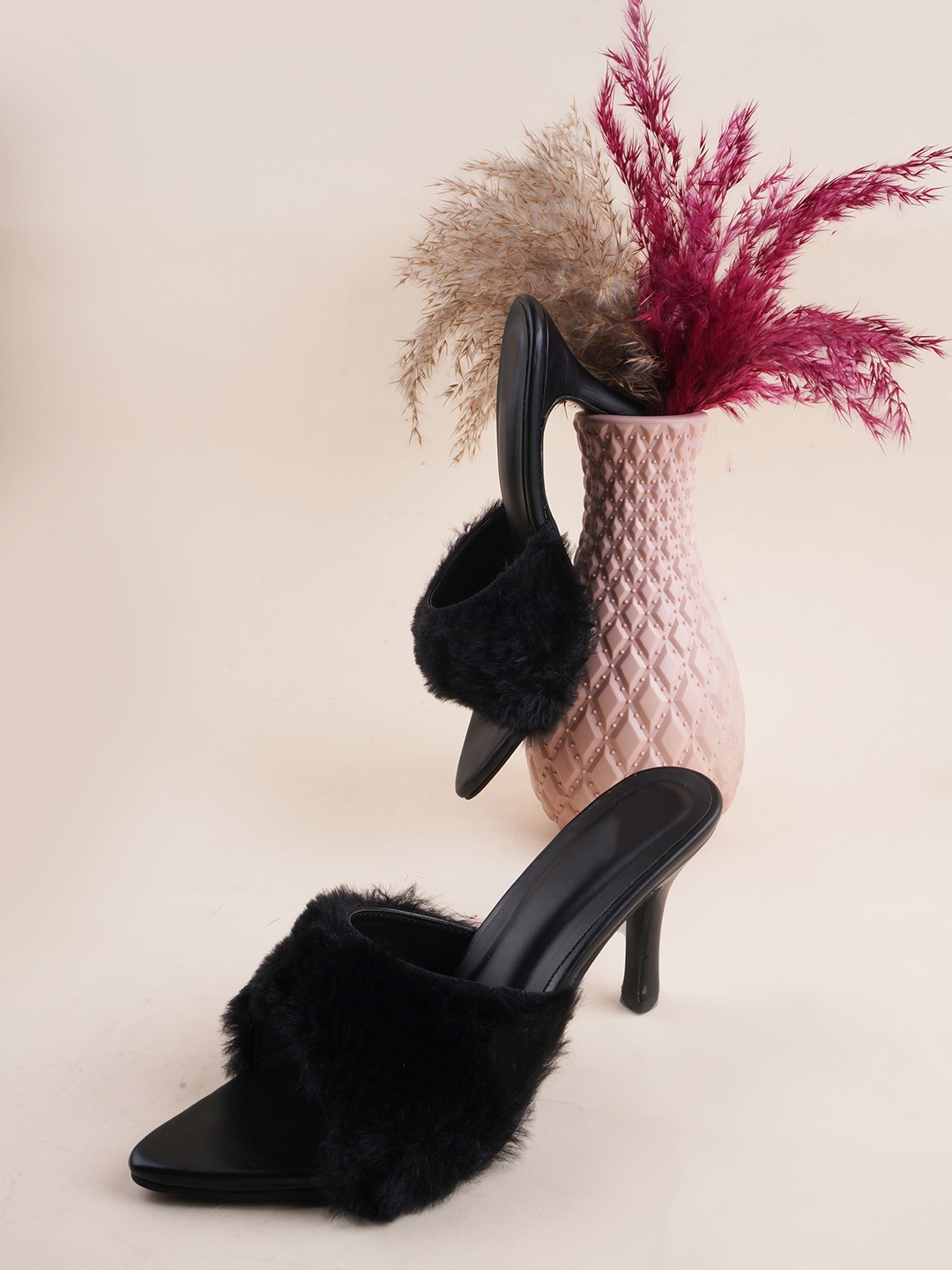 

Try Me Open Toe Fur Party Slim Heels, Black