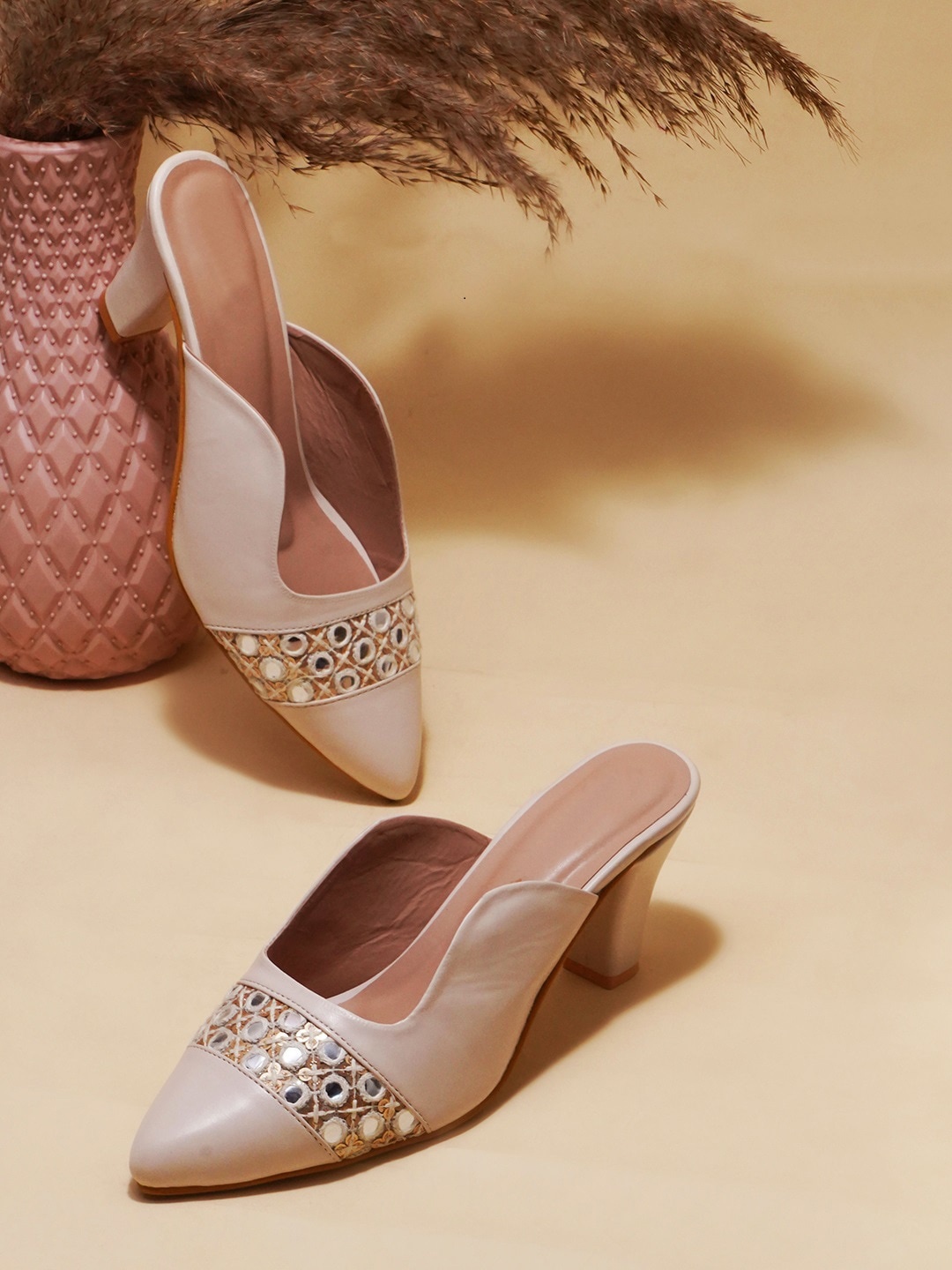 

Try Me Pointed Toe Embellished Party Block Mules, White