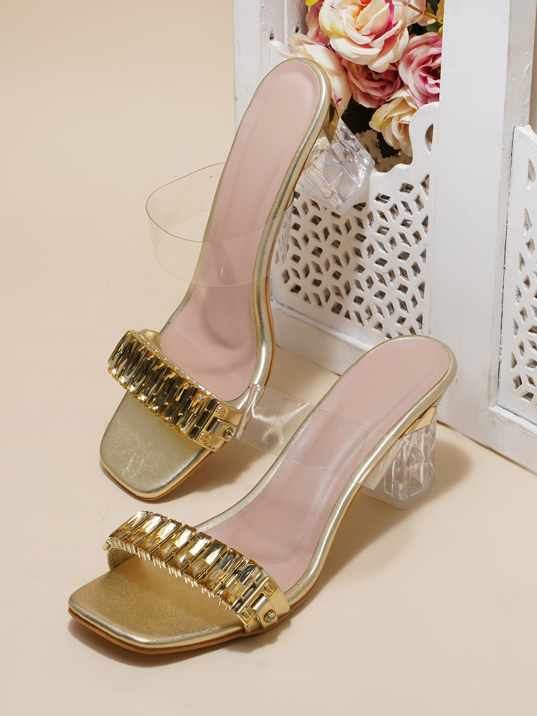

Try Me Embellished Party Open Toe Block Heels, Gold