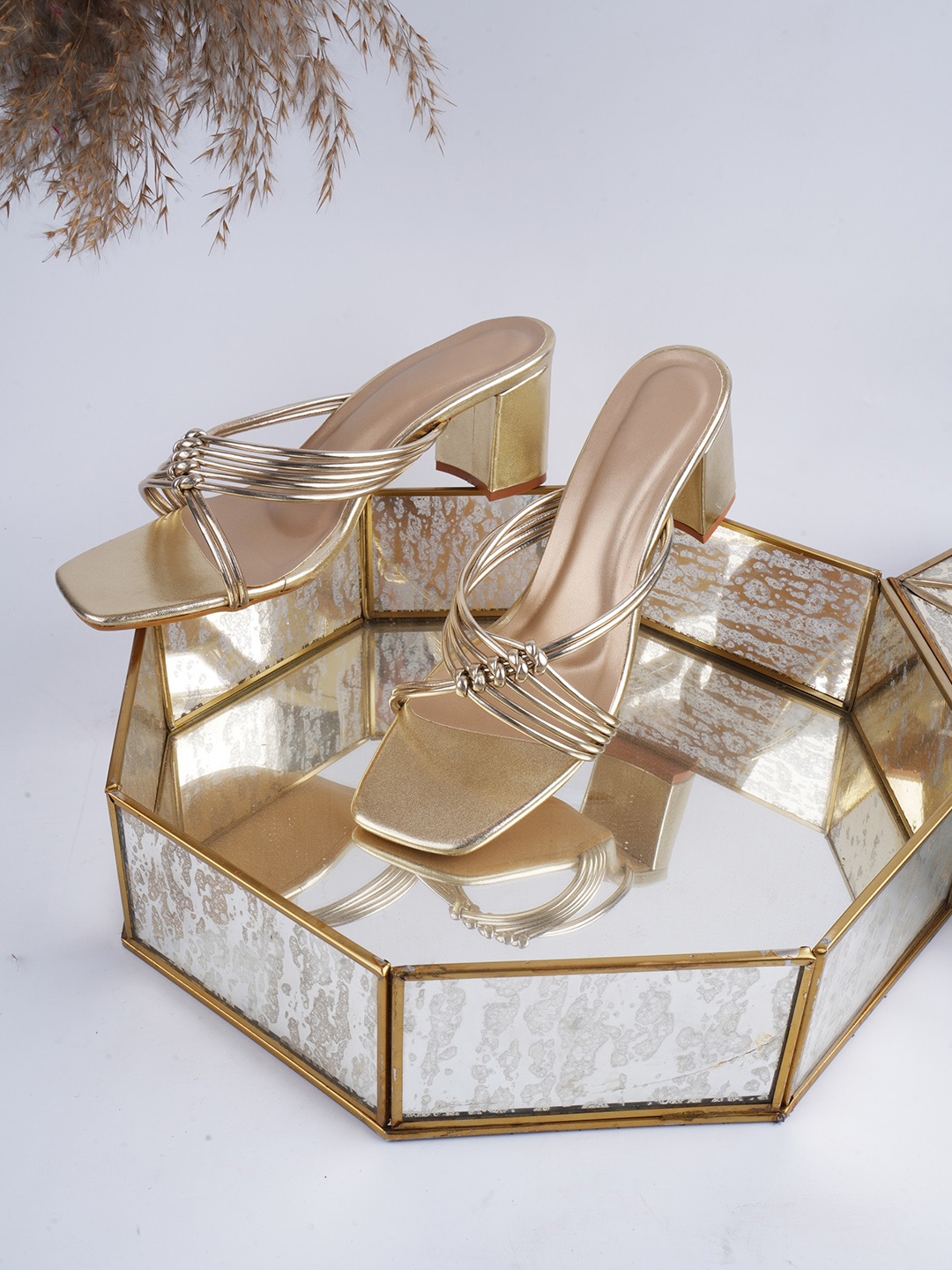 

Try Me Strappy Open Toe Block Heels, Gold