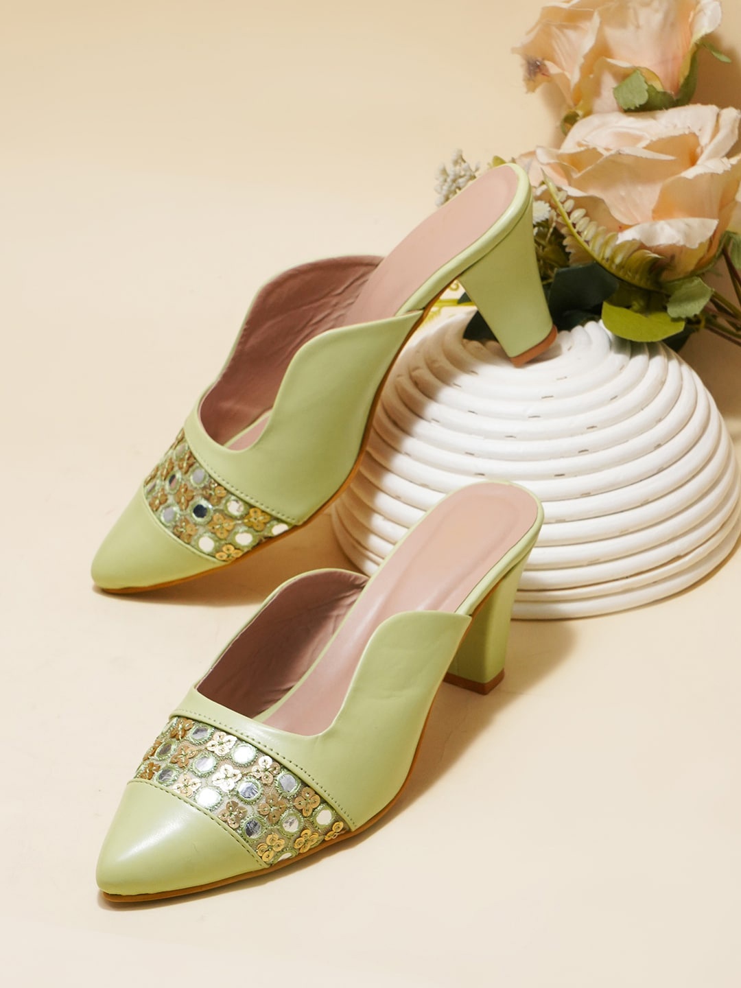 

Try Me Embellished Block Heel Mules, Sea green