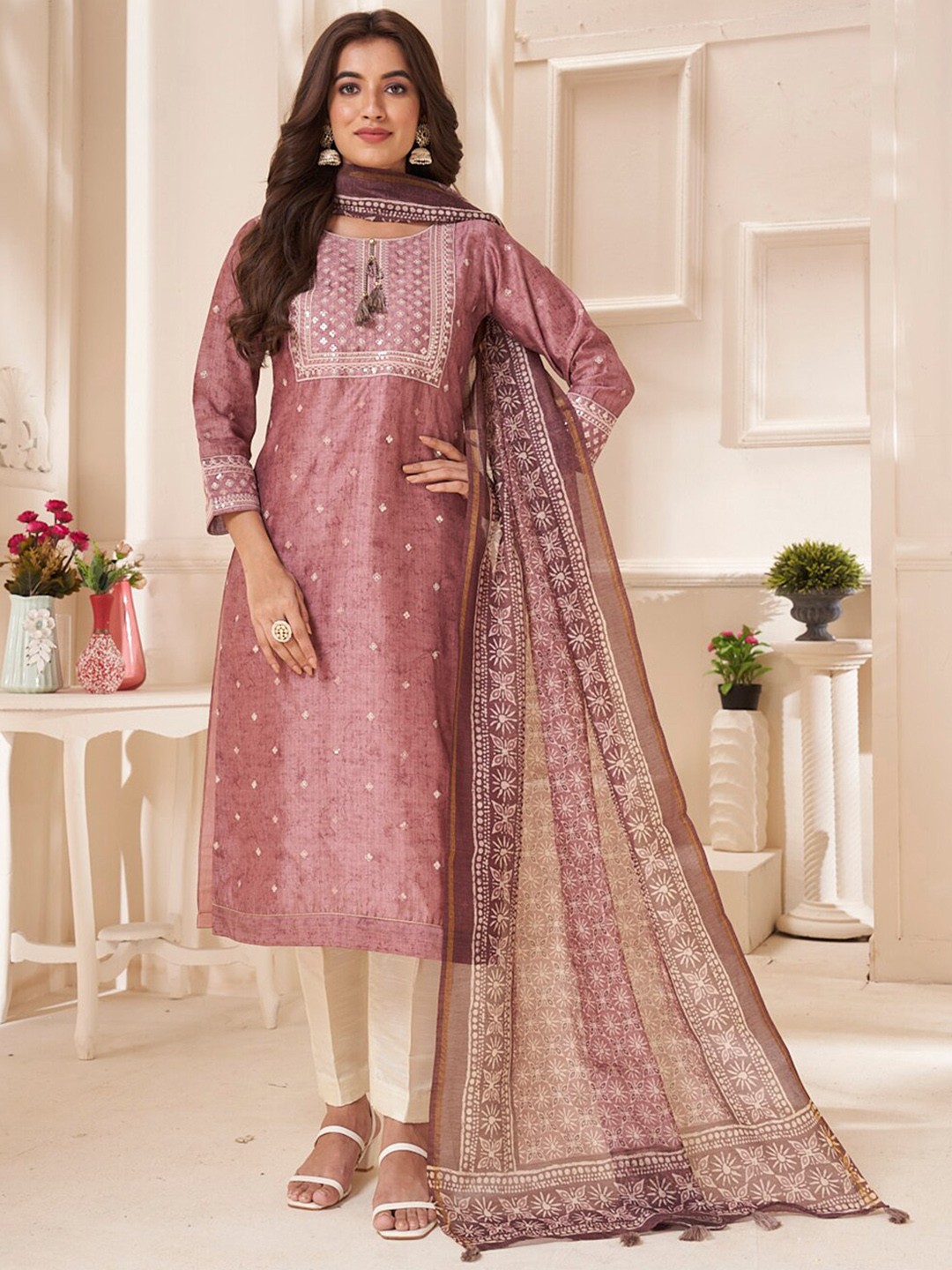 

Kalyan Silks Embroidered Kurta & Trouser With Dupatta, Brown
