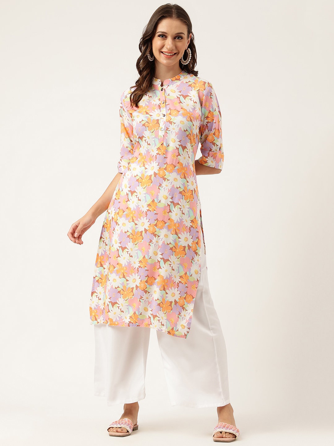 

KALINI Floral Printed Mandarin Collar Roll-Up Sleeves Straight Kurta, Peach