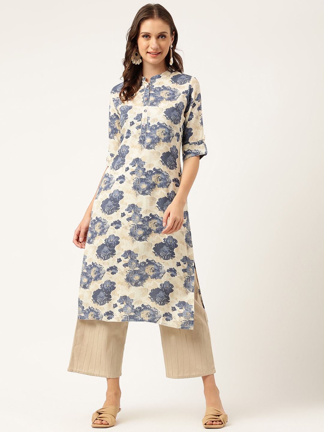 

KALINI Floral Printed Band Collar Roll-Up Sleeves Straight Kurta, Beige