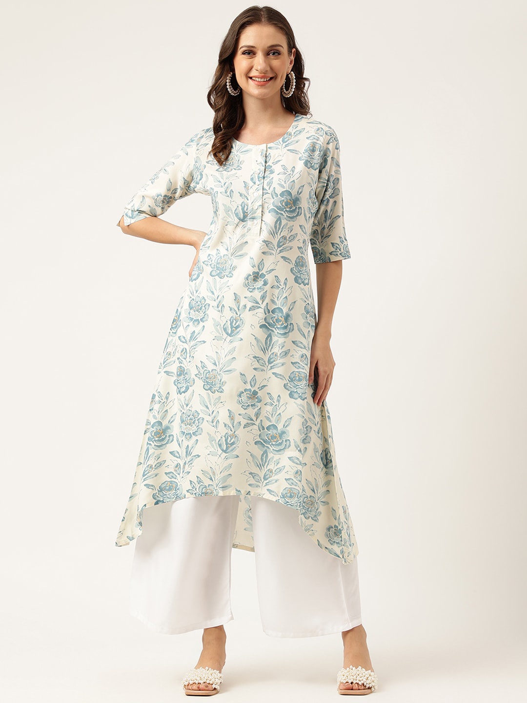 

KALINI Floral Printed Cotton A-Line Kurta, White