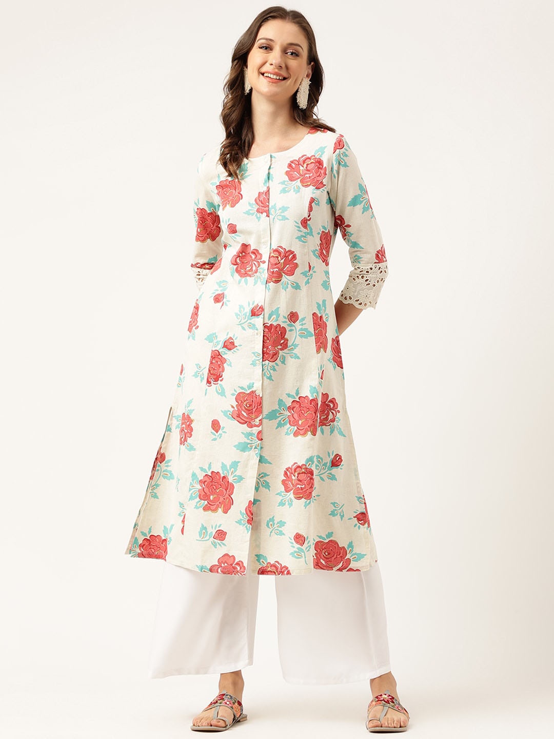 

KALINI Floral Printed Laced Cotton A-Line Kurta, Cream