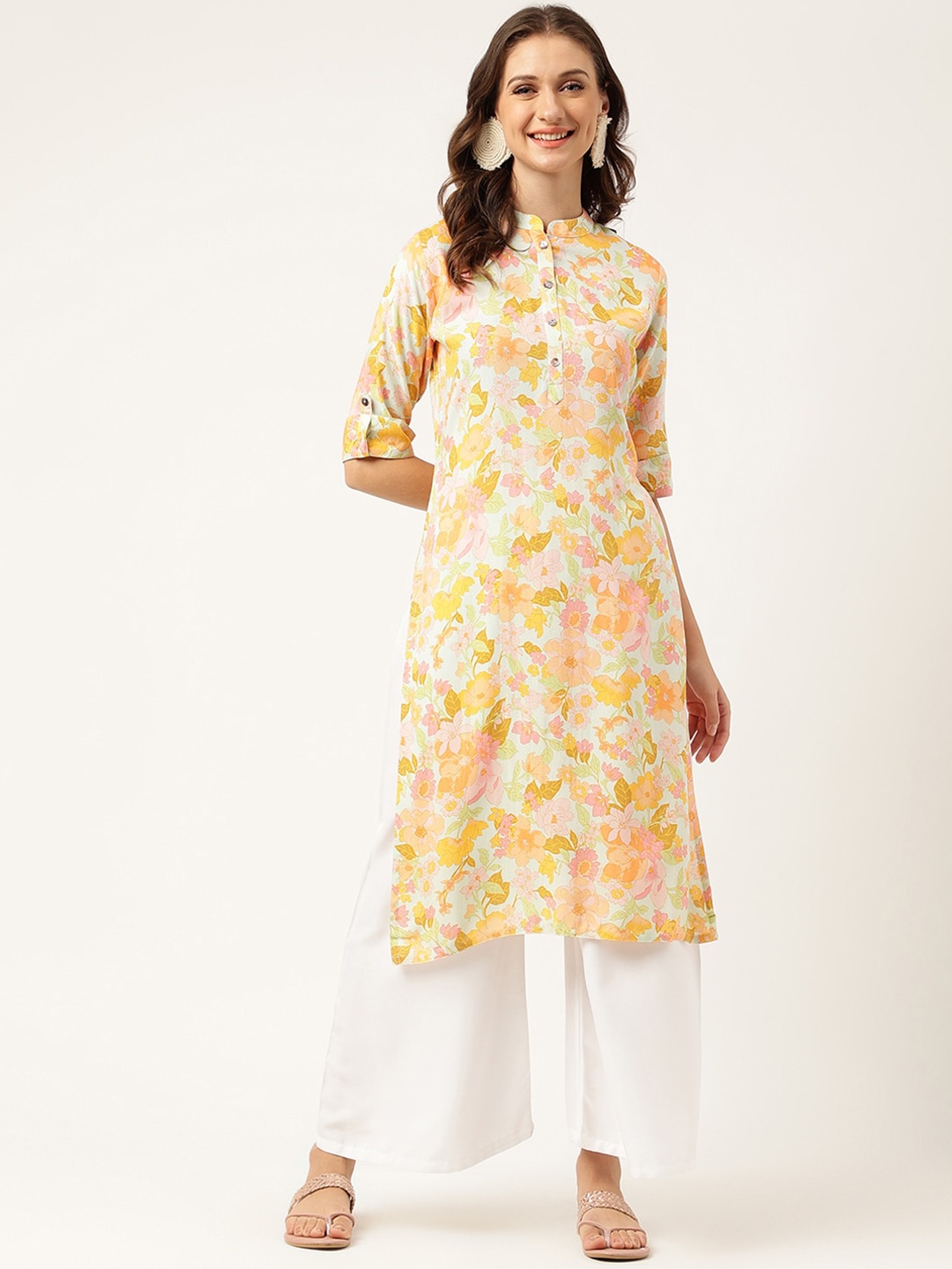KALINI Floral Printed Mandarin Collar Straight Kurta, Off white