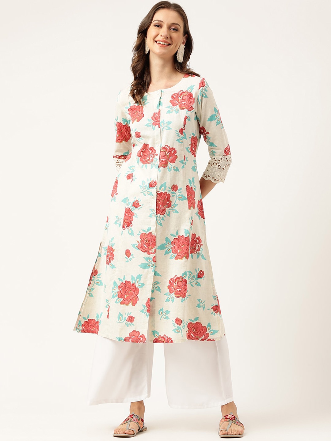 KALINI Floral Printed A-Line Pure Cotton Kurta, Cream