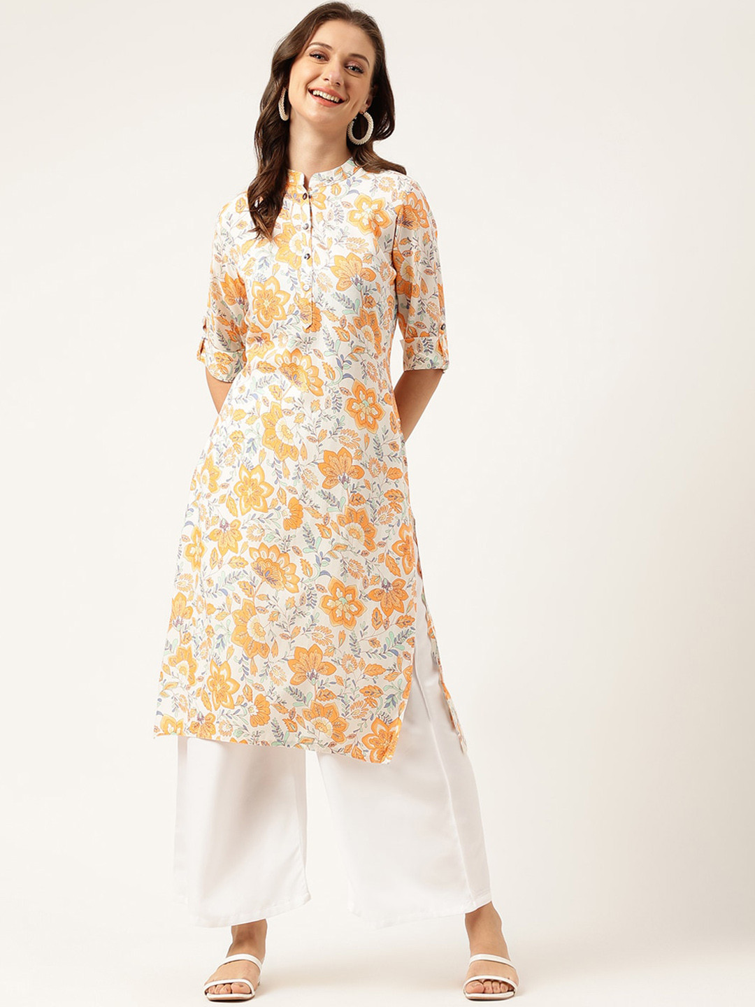 

KALINI Floral Printed Mandarin Collar Straight Kurta, White