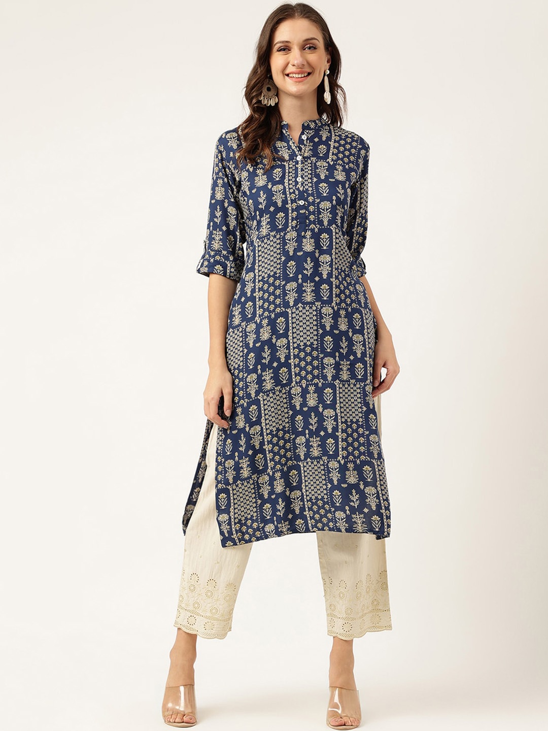

KALINI Ethnic Motifs Printed Mandarin Collar Roll-Up Sleeves Straight Kurta, Navy blue