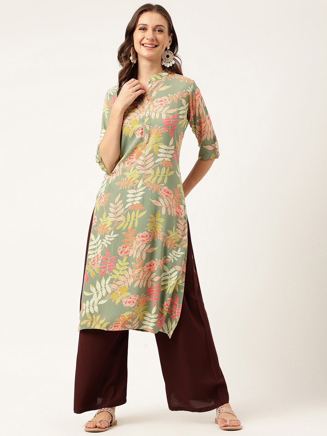 

KALINI Floral Printed Mandarin Collar Cotton Straight Kurta, Green
