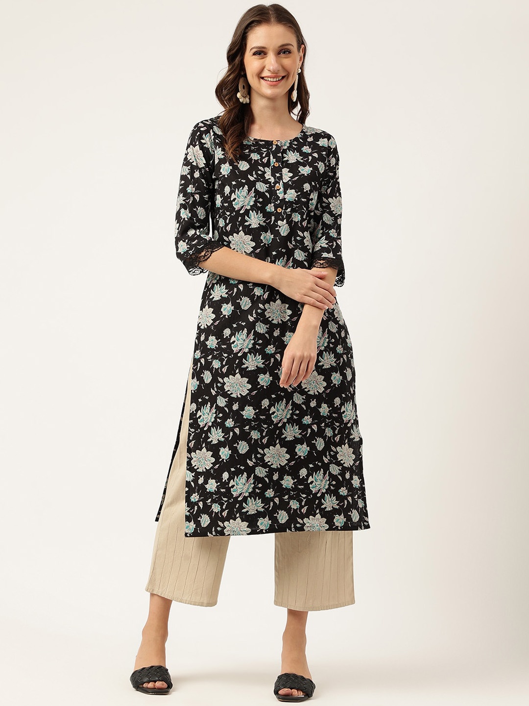 KALINI Floral Printed Cotton Straight Kurta, Black
