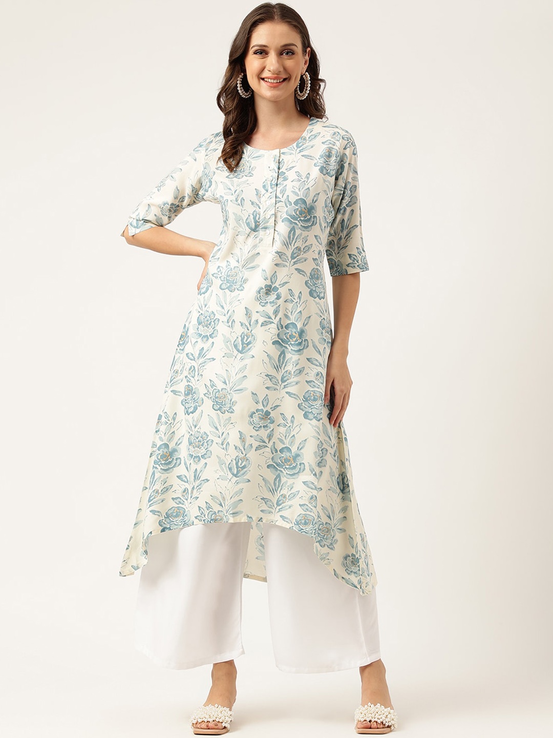 

KALINI Floral Printed Cotton A-Line Kurta, White