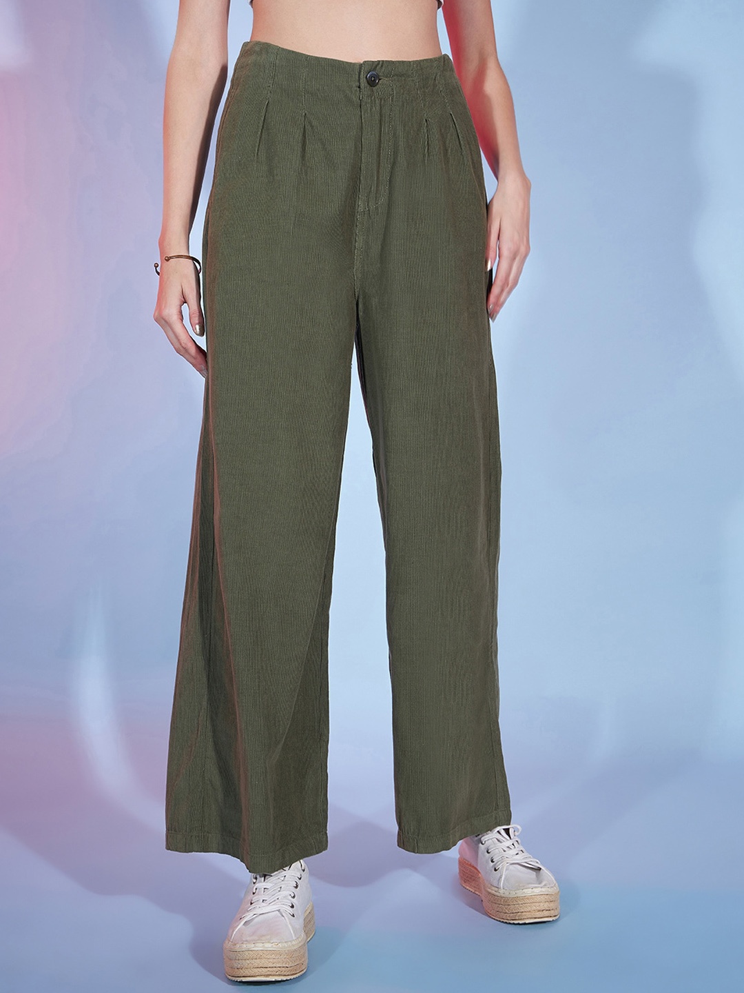 

River Of Design Jeans Women High-Rise Corduroy Cotton Trousers, Olive