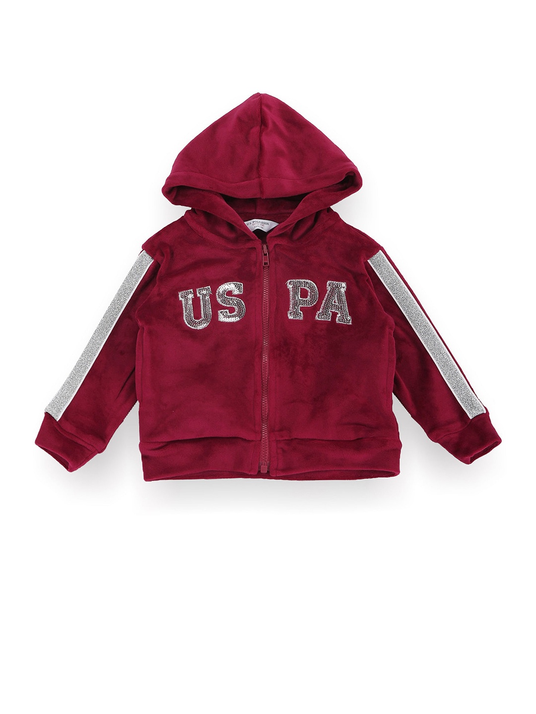 

U.S. Polo Assn. Kids Girls Embellished Tape Hooded Front-Open Sweatshirt, Maroon