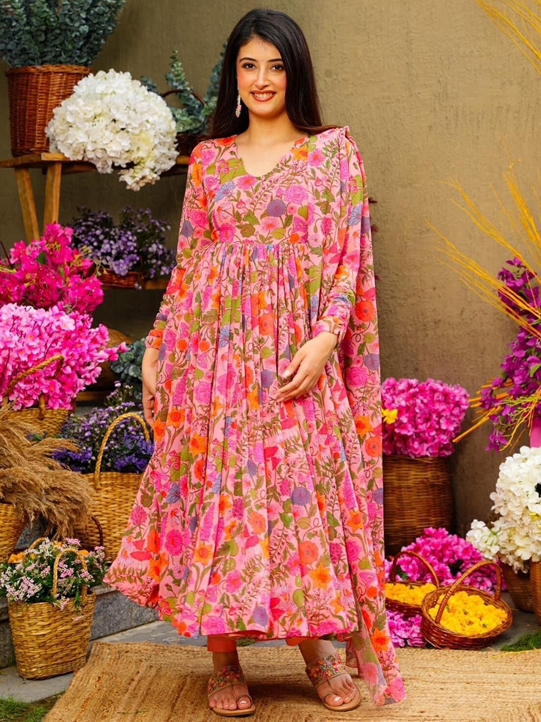 

ESTELA Floral Printed Anarkali Kurta With Trousers & Dupatta, Peach