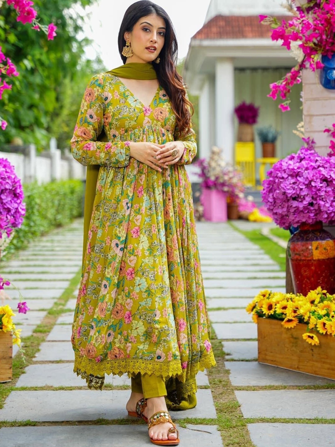 

ESTELA Floral Printed Anarkali Kurta With Trousers & Dupatta, Mustard