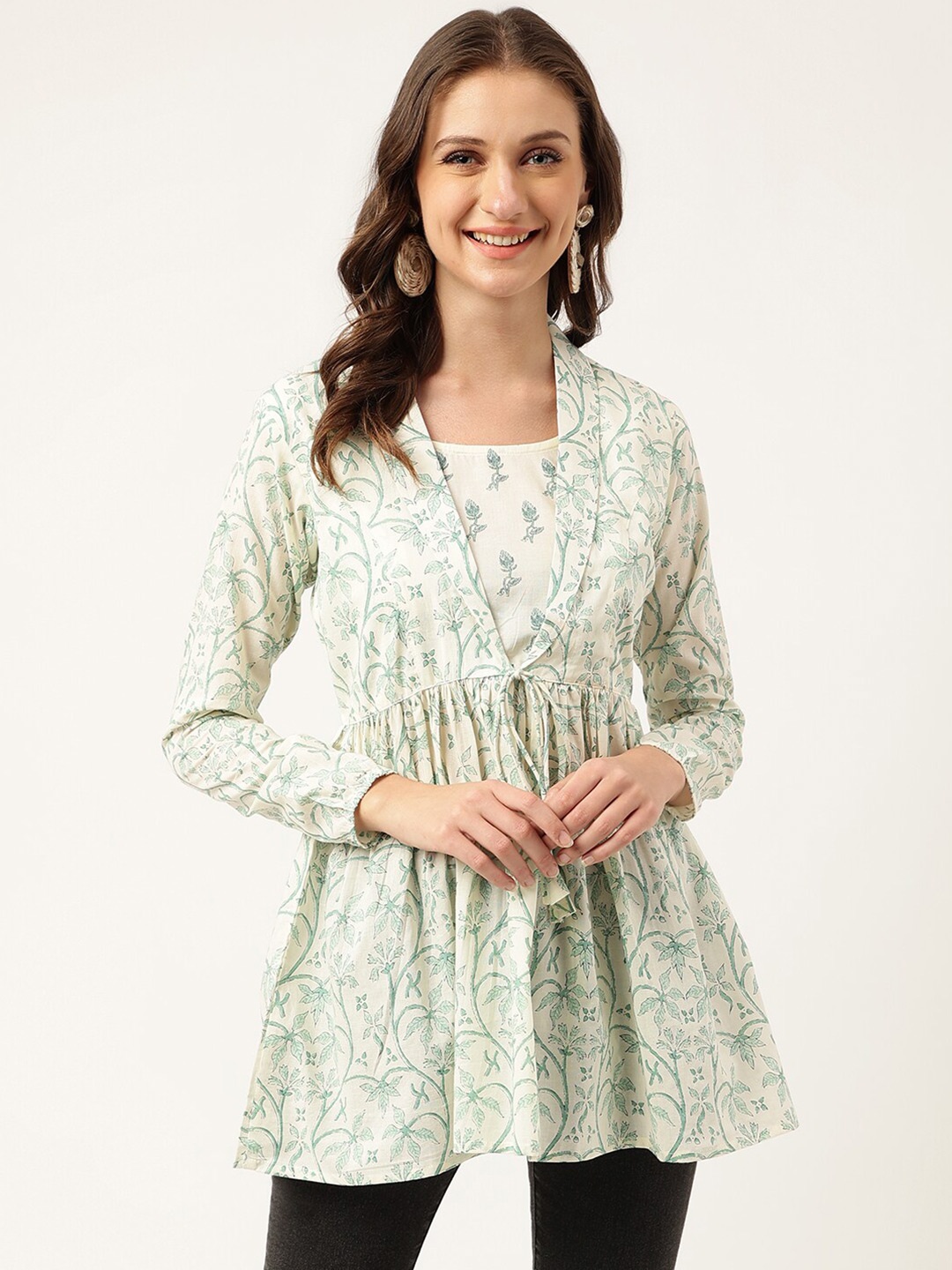 

KALINI Floral Printed Gathered & Tie Ups Detail Longline Cotton Top, Sea green