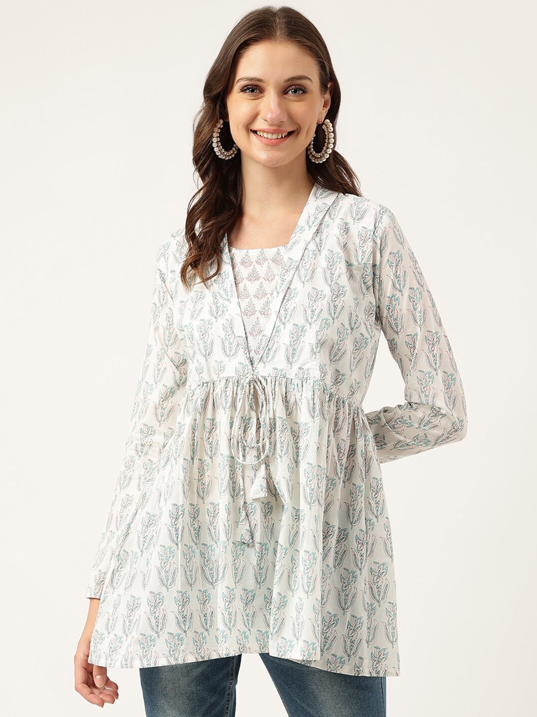 

KALINI Ethnic Motifs Printed Cotton Peplum Top, White