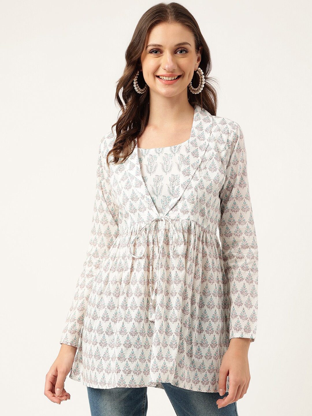 

KALINI Floral Printed Gathered & Tie Ups Detail Cotton Top, White