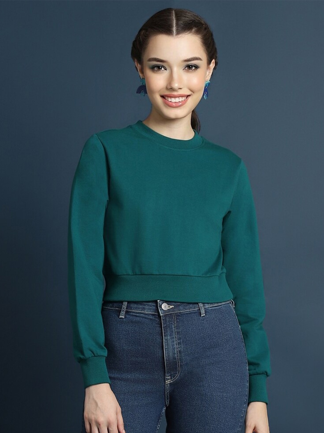 

FOREVER 21 Round Neck Cotton Pullover Sweatshirt, Green