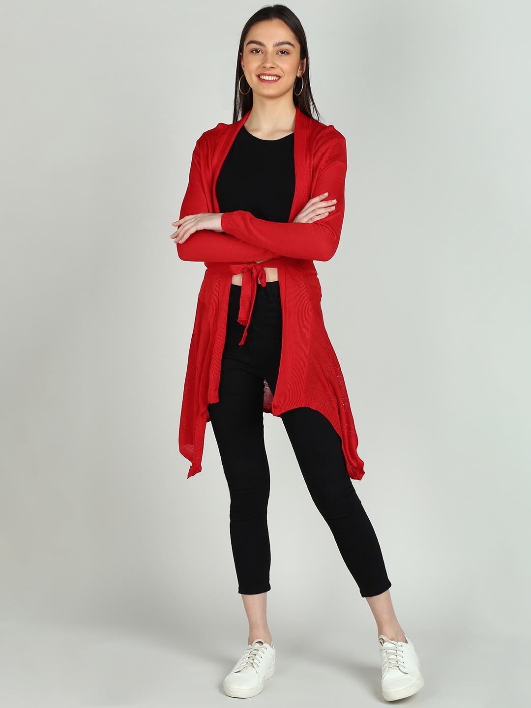 

NEUDIS Open Front Wool Longline Shrug, Red