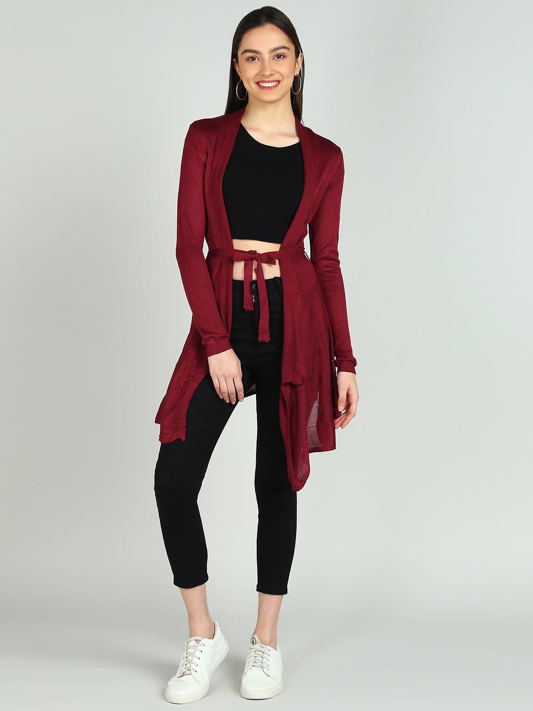 

NEUDIS Tie-Up Wool Longline Shrug, Burgundy