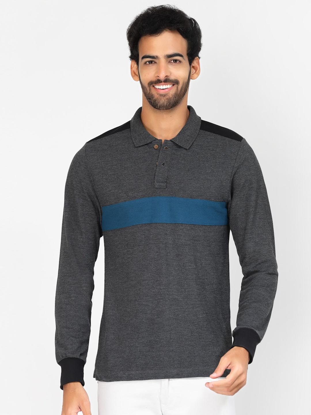 

Kalt Colourblocked Polo Collar Long Sleeve Regular Fit T-shirt, Grey