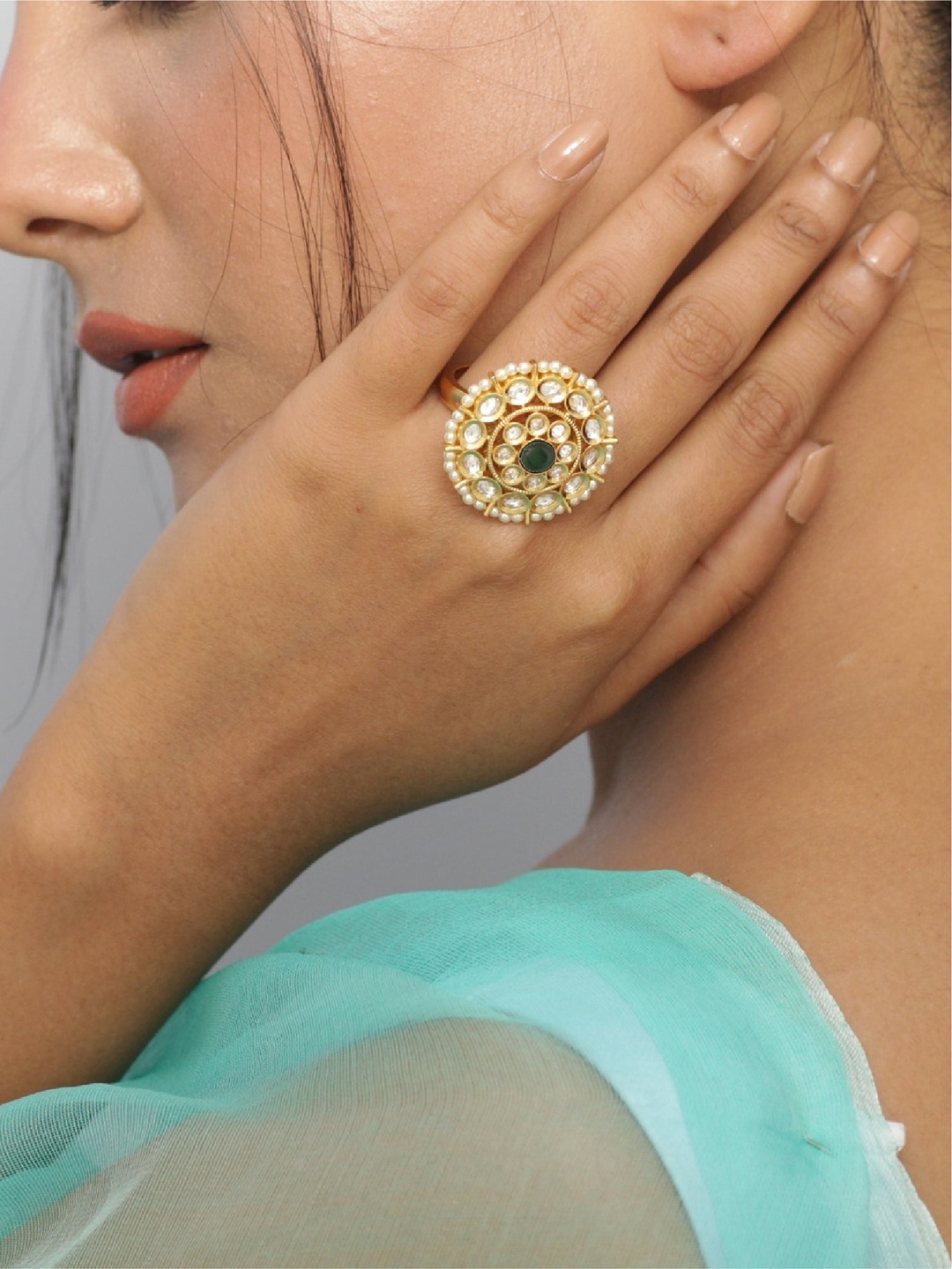 

Tarinika Gold-Plated Kundan-Studded & Pearls Beaded Adjustable Finger Ring