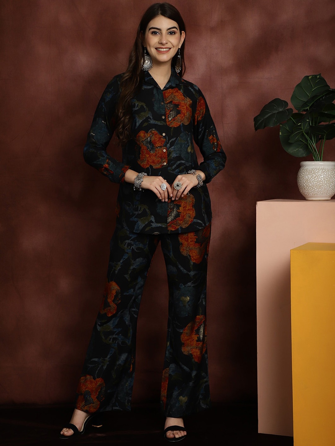 

Claura Navy Blue Printed Shirt With Trousers