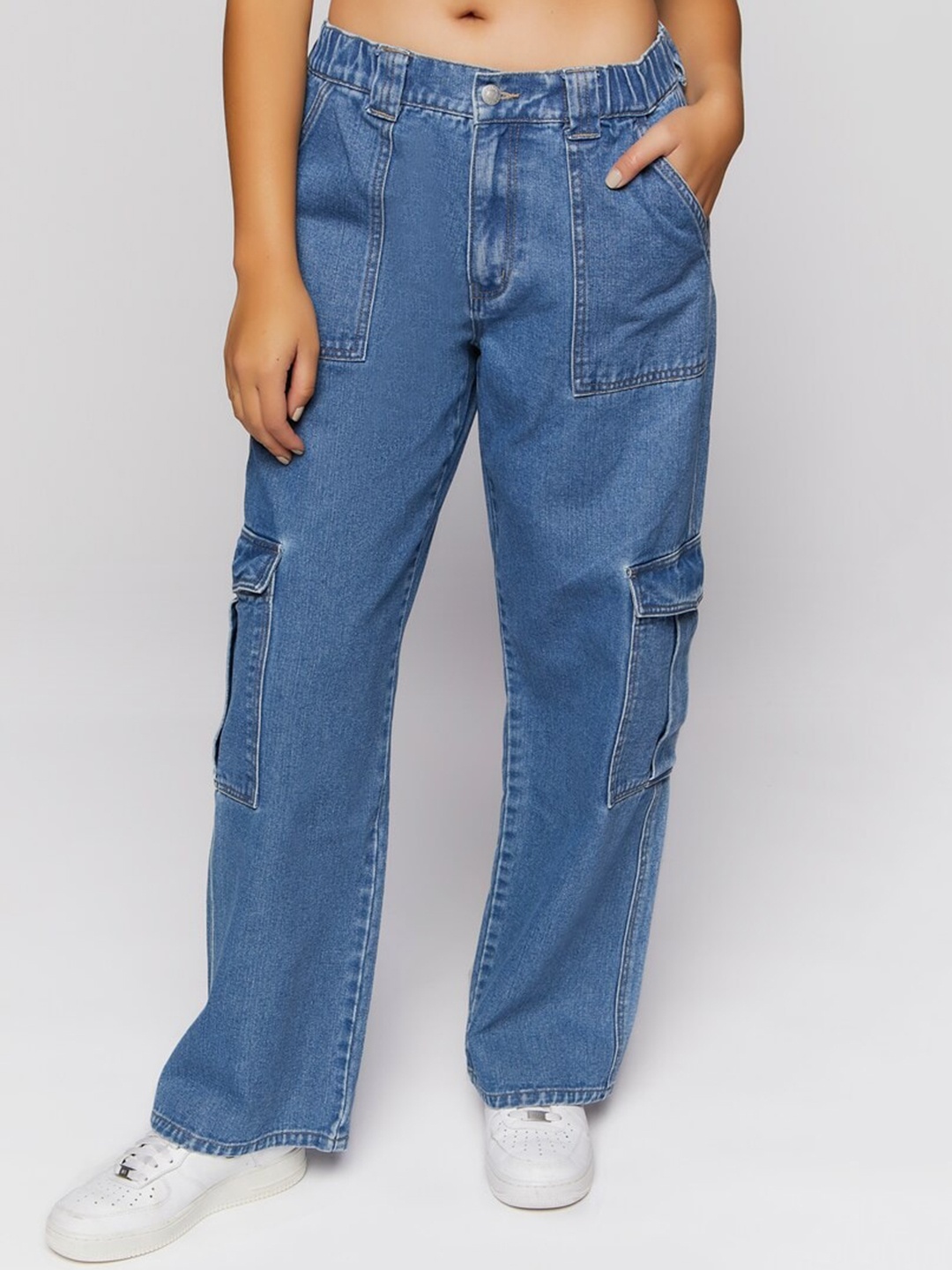 

FOREVER 21 Women Flared Clean Look Denim Cargos, Blue