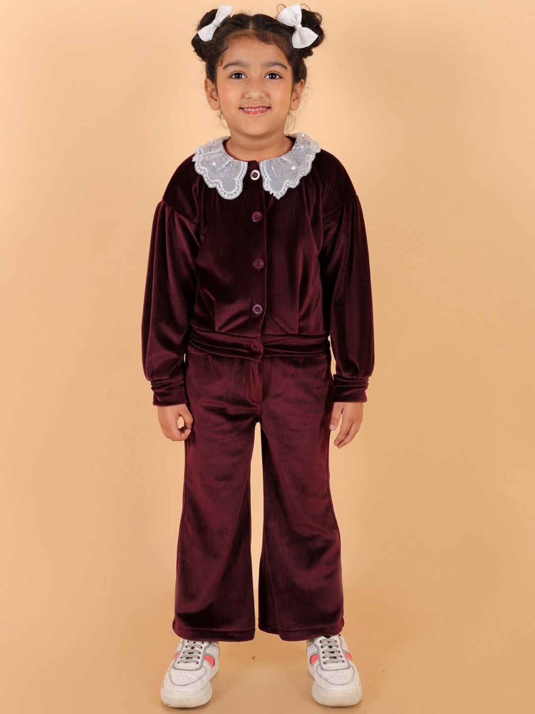

Stuffie Land Girls Shirt Collar Top With Trousers, Maroon